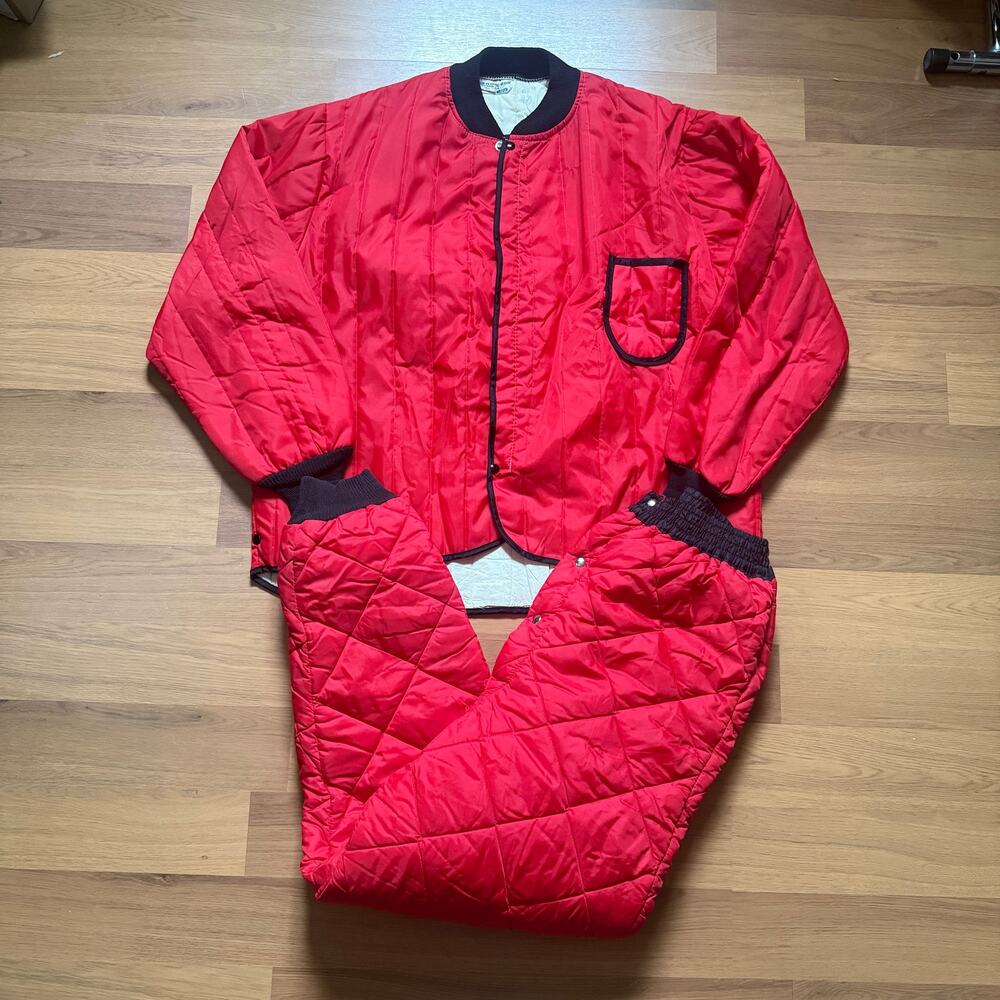 Vintage 1960's Bonded Dacron Red Quilted Insulated Full Sweat Suit Set Sz XL VTG
